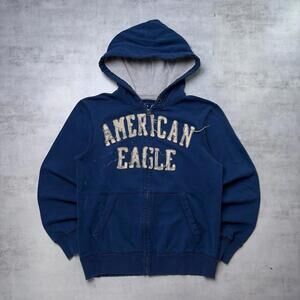 Y2K Blue American Eagle Grunge Distressed Skater Thermal Zip Up Hoodie